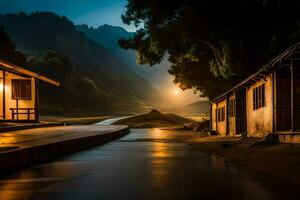 uma rio corre através uma Vila às noite. gerado por IA foto