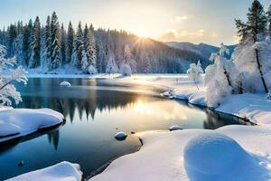 uma Nevado lago cercado de árvores e neve. gerado por IA foto