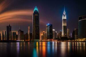 a cidade Horizonte às noite dentro dubai. gerado por IA foto