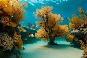 uma coral recife com uma árvore e peixe. gerado por IA foto