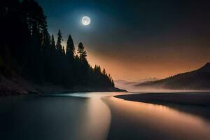 uma cheio lua é visto sobre uma rio às noite. gerado por IA foto