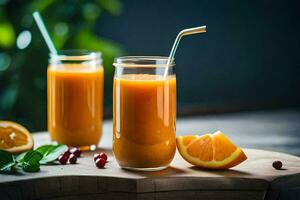 dois óculos do laranja suco com uma canudo. gerado por IA foto