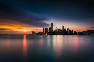 a cidade Horizonte às pôr do sol sobre a água. gerado por IA foto