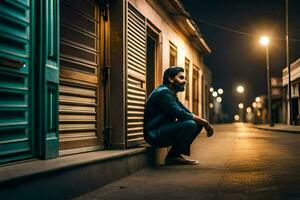 uma homem sentado em a rua às noite. gerado por IA foto