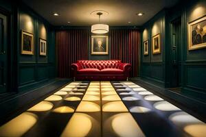 uma quarto com uma vermelho sofá e uma iluminado chão. gerado por IA foto