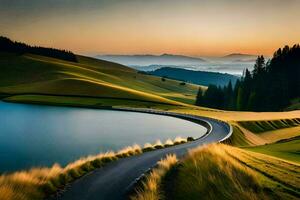uma estrada enrolamento através a colinas às pôr do sol. gerado por IA foto