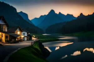 uma casa senta Próximo para uma lago às crepúsculo. gerado por IA foto