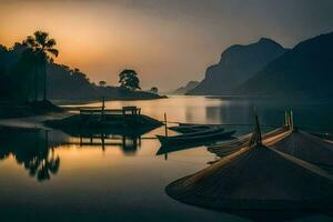 barcos sentar em a costa do uma lago às pôr do sol. gerado por IA foto