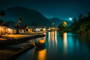 foto papel de parede a lua, noite, a rio, barcos, casas, a lua, a rio. gerado por IA