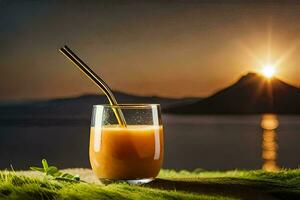 uma vidro do laranja suco com uma Palha em a grama. gerado por IA foto