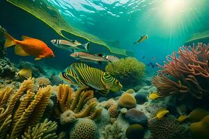 a embaixo da agua cena com coral e peixe. gerado por IA foto