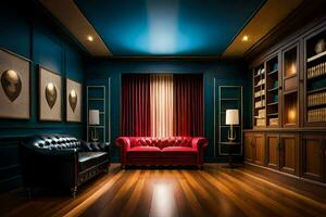uma quarto com azul paredes e de madeira andares. gerado por IA foto