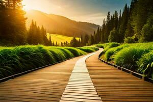 uma de madeira caminho conduz para uma verde campo e montanhas. gerado por IA foto