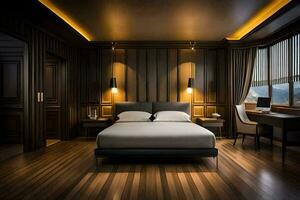 uma quarto com de madeira painéis e uma cama. gerado por IA foto