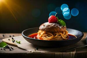 espaguete com tomate molho e uma morango em uma placa. gerado por IA foto