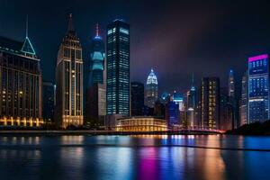 a cidade Horizonte às noite com luzes refletindo fora a água. gerado por IA foto