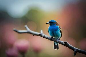 uma azul pássaro sentado em uma ramo dentro frente do Rosa flores gerado por IA foto