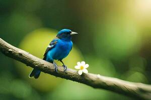 uma azul pássaro senta em uma ramo com uma flor. gerado por IA foto