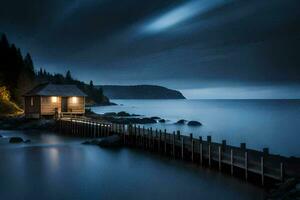 uma de madeira cais com uma casa em isto às noite. gerado por IA foto