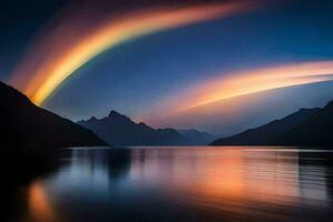 uma arco Iris é visto sobre uma lago e montanhas. gerado por IA foto