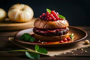 uma Hamburger com cranberries e uma abóbora em uma de madeira mesa. gerado por IA foto