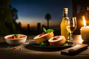 uma prato do Comida com pão e vinho em uma mesa. gerado por IA foto