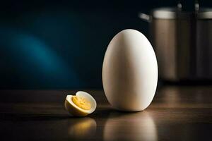 a ovo e uma metade fervido ovo em uma mesa. gerado por IA foto