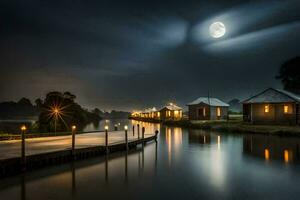 uma enluarada noite com uma doca e casas em a água. gerado por IA foto