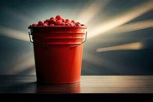 uma vermelho balde preenchidas com vermelho bagas sentado em uma mesa. gerado por IA foto