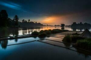 uma lindo pôr do sol sobre uma lago com uma pequeno de madeira jangada. gerado por IA foto