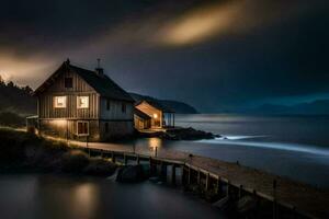 uma casa em a água às noite. gerado por IA foto