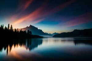 uma lindo pôr do sol sobre uma lago com montanhas dentro a fundo. gerado por IA foto