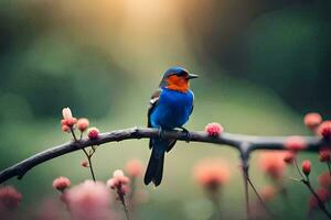 uma azul e laranja pássaro senta em uma ramo. gerado por IA foto