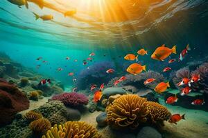 a Sol brilha sobre uma coral recife com peixe e corais. gerado por IA foto