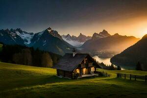 uma cabine dentro a montanhas às pôr do sol. gerado por IA foto