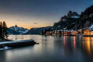 uma lago e casas dentro a neve às pôr do sol. gerado por IA foto