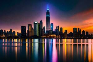 a cidade Horizonte às noite com colorida luzes. gerado por IA foto