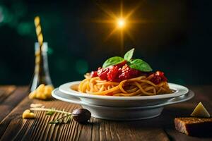 espaguete com tomate molho e manjericão em uma placa. gerado por IA foto