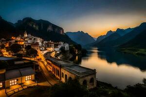 foto papel de parede a céu, montanhas, água, rio, Vila, pôr do sol, China, o. gerado por IA