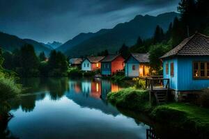 foto papel de parede a céu, montanhas, lago, casas, a escuro, a noite, a lago. gerado por IA