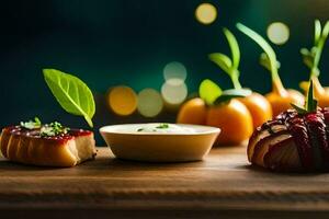 uma de madeira mesa com alguns Comida em isto. gerado por IA foto