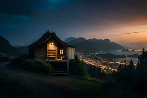 uma pequeno cabine senta em topo do uma Colina negligenciar a montanhas. gerado por IA foto