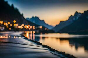 uma lago às pôr do sol com luzes refletindo fora a água. gerado por IA foto