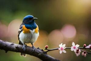 uma pássaro sentado em uma ramo com flores dentro a fundo. gerado por IA foto