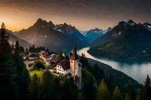 uma Igreja em uma montanha negligenciar uma lago e montanhas. gerado por IA foto
