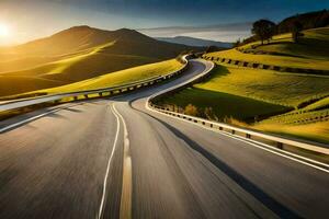 uma enrolamento estrada dentro a montanhas com a Sol contexto. gerado por IA foto