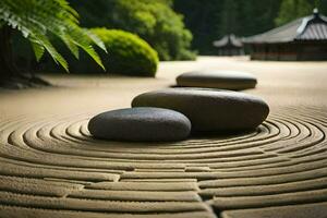 uma zen jardim com pedras e uma samambaia. gerado por IA foto