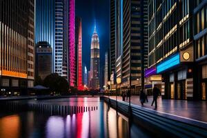 uma cidade às noite com edifícios e água. gerado por IA foto