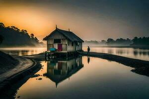 uma pequeno casa senta em a costa do uma lago às nascer do sol. gerado por IA foto