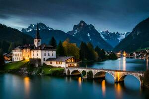 foto papel de parede montanhas, ponte, a noite, lago, Suíça, a Alpes, lago. gerado por IA
